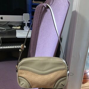 Authentic Gucci Beige and Tan Monogram Shoulder Camera Bag